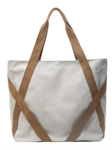 Contrast color canvas tote bag with large capacity and brown webbing handles