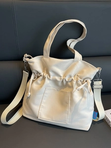 Grand Sac Seau En Toile Cordon Plissé Bandoulière Sac À Main Avec Poche Extérieure Pour Femmes Décontracté Quotidien