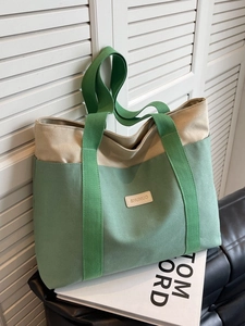 Large Capacity Canvas Tote Bag Contrast Color Simple Casual Shoulder Bag For Women Students Daily Use Minimalist Style