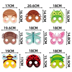 Size chart showing nine insect party masks for kids with dimensions and cartoon designs