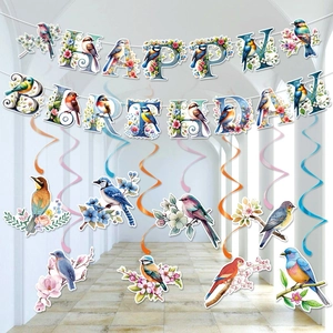 Bird Theme Birthday Party Happy Birthday Banner And Hanging Swirls Spring Flower Paper Card PVC Indoor Outdoor Decor