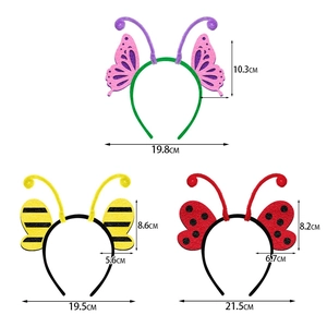 Detailed view of three butterfly, bee, and ladybug party headbands with dimensions