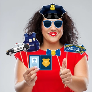 8-piece police party photo booth props with police hat, sunglasses, and badge signs