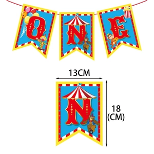 Circus themed first birthday banner set with colorful ONE letters and cartoon illustrations
