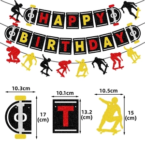 Skateboard happy birthday banner set with glitter paper cutouts for party decor