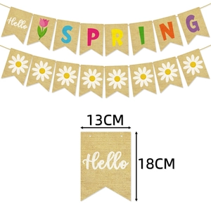 Hello Spring burlap banner with colorful tulip and daisy patterns for party decor
