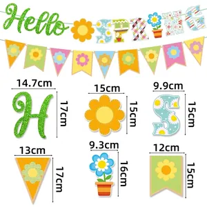 Hello Spring banner set with floral decorations and dimensions for party supplies
