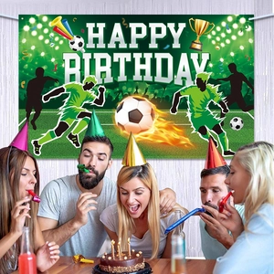 Toile De Fond Anniversaire Football Soccer Tissu Polyester Bannière Happy Birthday Thème Sport Décoration Murale Photo