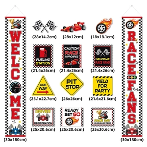 Racing party decoration set with banners and race car themed hanging cutouts