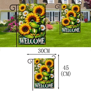 Outdoor garden flag with frog and sunflower design, 30x45cm size with metal stand