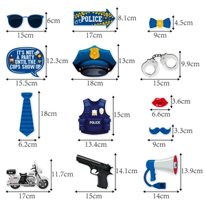 Police themed photo booth props set including badge and handcuffs with dimensions
