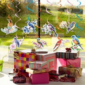 Spring bird and flower themed birthday party spiral hanging swirls decorations set