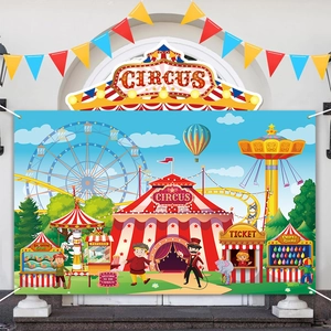 Carnival circus party backdrop with red yellow stripes Ferris wheel and carousel banners