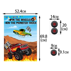 Détail de l'affiche et des autocollants de jeu Monster Truck avec dimensions incluses