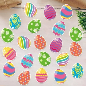20pcs colorful Easter egg paper confetti with wave and polka dot patterns on wood table