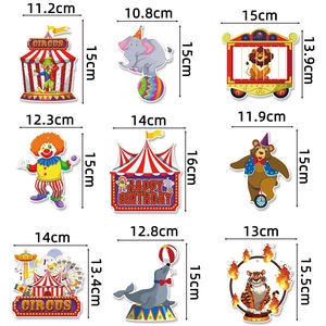Detailed size specifications for circus-themed birthday party banner and cartoon decorations