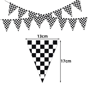 Racing checkered flag banner for birthday parties, black and white triangle pennant 13x17cm