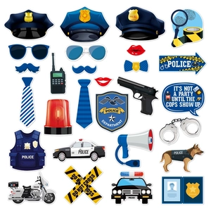 25-piece police party photo booth props set including hats, handcuffs, and patrol cars