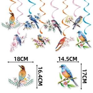 Colorful bird themed birthday banner and hanging swirls set with watercolor bird designs