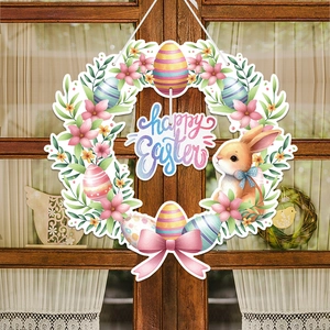 Happy Easter bunny wreath with colorful eggs and pink bow on a rustic wooden door
