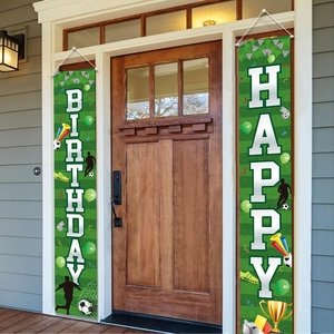 Soccer theme happy birthday door banners set with football and trophy sports graphics