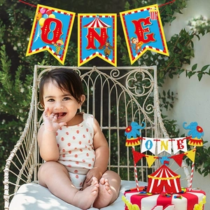 Circus carnival theme 1st birthday party banner and cake topper set with ONE lettering