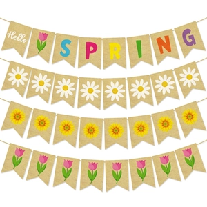 Spring burlap banner set with Hello Spring lettering and vibrant sunflower tulip patterns