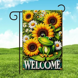 Garden Flag Linen Welcome Sign Outdoor Yard Decoration Cartoon Frog Sunflower Daisy Spring Birthday Party Decor