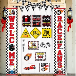 Racing Theme Party Decorations Welcome Race Fans Banner Checkered Triangle Bunting Cardboard Cutouts For Kids Birthday Event Car Decor