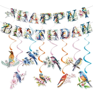 Spring bird theme birthday party decoration set with banner and spiral bird hanging swirls
