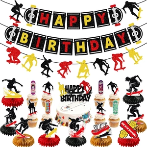 Skateboard Birthday Party Decorations Glitter Cardstock Banner Cake Toppers Honeycomb Centerpieces Hanging Swirls Sporty Boys