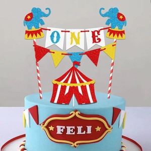 Circus theme first birthday cake topper set with glitter elephant and ONE banner