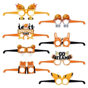 8-pack basketball theme party paper glasses with GO TEAM and MVP designs for photo props