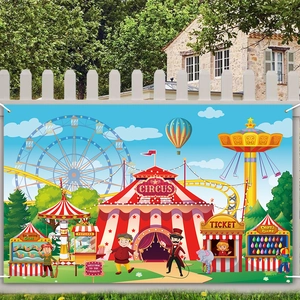 Carnival circus theme party backdrop featuring tent carousel and ferris wheel on white fence