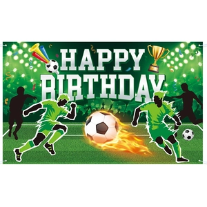 Toile de fond de football Happy Birthday avec joueurs et trophées pour fête d'anniversaire