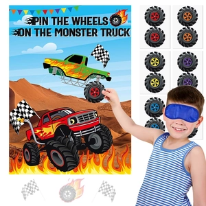 Affiche de Jeu de Fête d'Anniversaire Monster Truck Autocollants DIY Masque pour les Yeux pour Enfants Activité Décoration de Fête