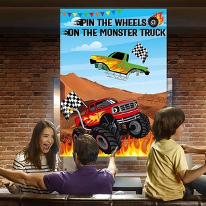 Affiche de jeu de fête monster truck avec camions rouge et vert pour activité d'enfants