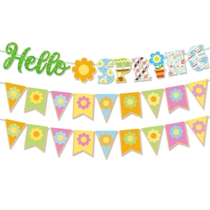 Hello Spring Banner Bunting Cardstock Floral Party Decoration Birthday Celebration Easter Decor Colorful Paper Garland
