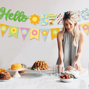 Hello Spring party banner set with glitter letters and colorful floral bunting decor