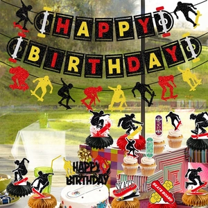 Skateboard themed birthday party set with banner, cake toppers and honeycomb ornaments