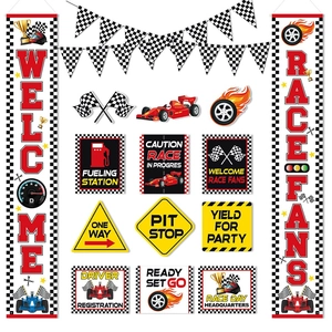 Racing car theme party decoration set with checkered flags and pit stop signs