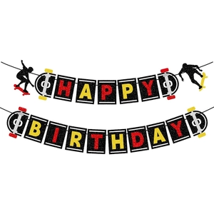 Glitter skateboard Happy Birthday banner set with athlete silhouettes for party decor