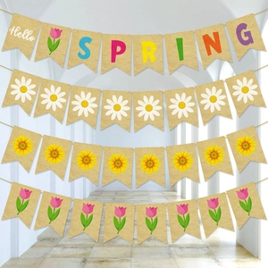 Hello Spring Burlap Banner Daisy Sunflower Tulip Floral Garland Rustic Jute Bunting For Garden Birthday Party Decor