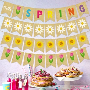 Spring party burlap banner with Hello Spring letters and colorful flower bunting patterns