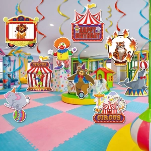 Carnival circus themed happy birthday banner with spiral animal hanging decorations