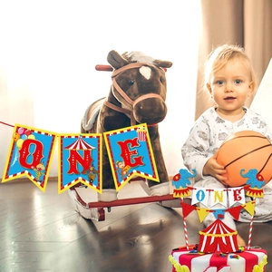 Circus carnival themed 1st birthday decoration set with ONE banner and cake topper kit