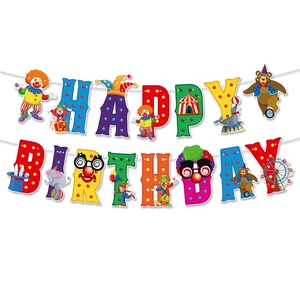 Colorful circus carnival happy birthday banner with clown and animal cartoon decorations