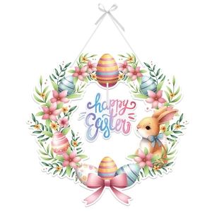Easter floral wreath door hanging with bunny and colorful eggs for festive party decor