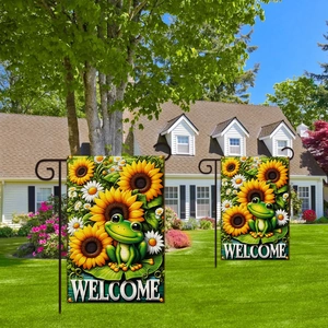 Welcome garden flag set featuring green frog and sunflower with black metal stakes