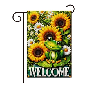 Welcome garden flag featuring a cute frog with sunflowers on a canvas texture
